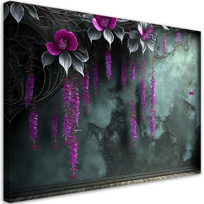 Produktbild von Leinwandbild Hängende lila Blumen auf Betonhintergrund 90x60 Feeby Grün bild für die wand bereit zum aufhängen