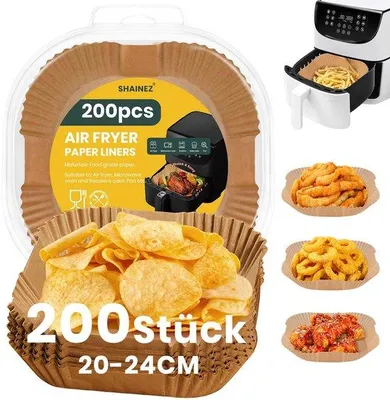 Obrázek produktu pro Sada papíru na pečení do horkovzdušné fritézy, 200 kusů, 20–24 cm, nepřilnavý, voděodolný, odolný proti tuku, jednorázový papír na pečení do horkovzdušné fritézy, formy na pečení do horkovzdušné fritézy, papír na pečení do trouby, mikrovlnné trouby a na pánev