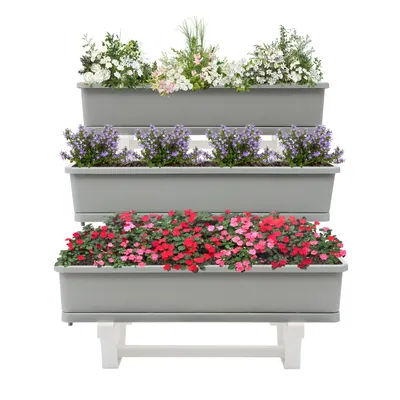 Image de bac à fleurs vertical à 3 niveaux, en plastique, autonome, gris et blanc
