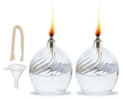 Produktbild von 2er Set Öllampe aus klarem Glas 3,8x3,1 Zoll mit langen Teelichtern und einzigartiger Innengewindeoptik, inklusive Baumwolldocht und Halter für gehobene Restaurants