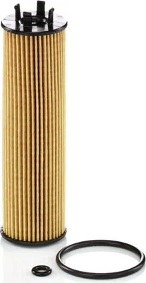 A product shot of an oil filter and two O-rings on a white background.