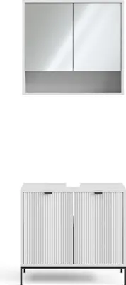 A white bathroom cabinet and mirror set against a white background.