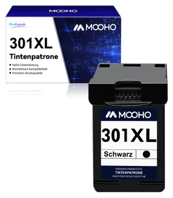 A product box and a printer ink cartridge are shown against a white background.