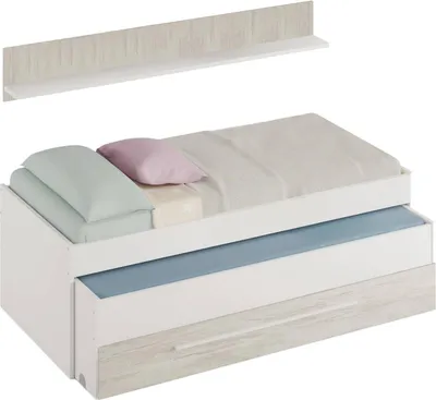 Produktbild von Einzelbett Sunnyvale, Bettrahmen für Schlafzimmer, Einzelbett mit ausziehbarem Kinderbett und passender Kommode und Regal, 199x96h65 cm, Weiß
