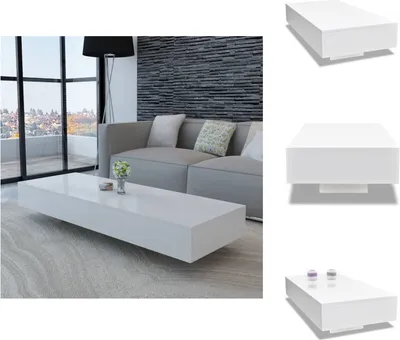 A collage of a white high-gloss coffee table in a modern living room setting and isolated shots.