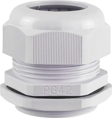 A white cable gland with threaded sections and a hexagonal nut, shown against a white background.