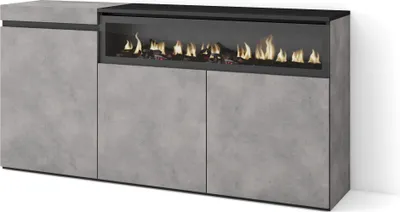 Image de COZY Buffet salon et cuisine, 150x35x75cm, 3 Portes, Cheminée électrique, Ciment
