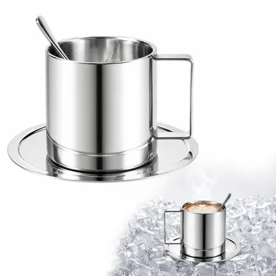 Productafbeelding van Set van Roestvrijstalen Koffiekopjes met Schotel en Lepel