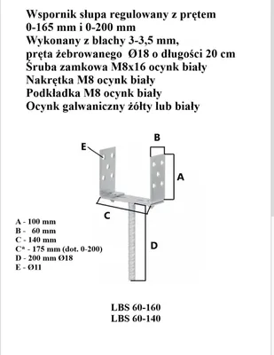 Obrázek produktu pro Podstawa Słupa Regulowana 0-165Mm Na Pręt, Ocynk Żółty