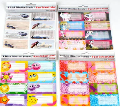 Produktbild von 4 x 8 (32) Etiketten selbstklebend "Schule", je 8 x 3,5 cm, 4-fach sortiert