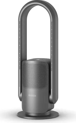 A gray tower fan with a perforated speaker grill in the center.