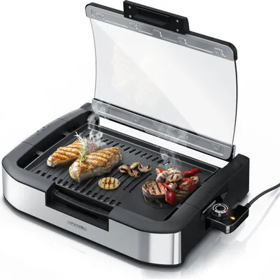 Produktbild von Arendo Gourmet Tischgrill mit Glasabdeckung - Elektrogrill - Barbecue - für Steaks, Würstchen, Fisch, Meeresfrüchte, Gemüse, Pilze u.v.m. - für Balkon, Garten, Indoor