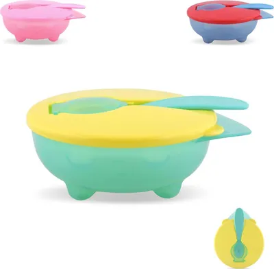 Produktbild von Baby Care Kinderschüssel Kunststoff, Löffel, Deckel, Essschale rutschfest, Griff grün