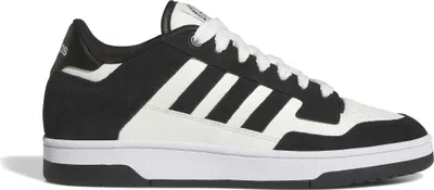 A side view of a black and white Adidas sneaker.