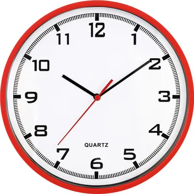 A close-up view of a red-framed analog wall clock with a white face and black numbers and hands.