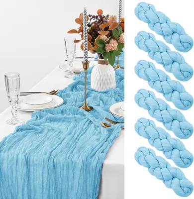 Produktbild von 6 Stück Hellblaue Käsetuch Tischläufer Lang, 90 x 300 cm | 3 m lang, Rustikaler Gaze Stoff Boho halbtransparent Hochzeits Seihtuch Tischläufer für Hochzeit, Party, Brautparty,Bankett