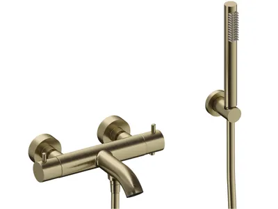Produktbild von SANYCCES LOOP Wannen & Brausebatterie mit Thermostat und Brausehalter, Handbrause & Brauseschlauch, gold gebürstet