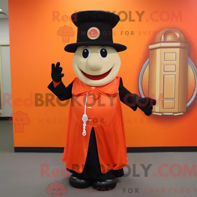 Produktbild von Maskottchenfigur REDBROKOLY eines orangefarbenen Zirkusdirektors mit Empire-Kleid und Geldbörsen