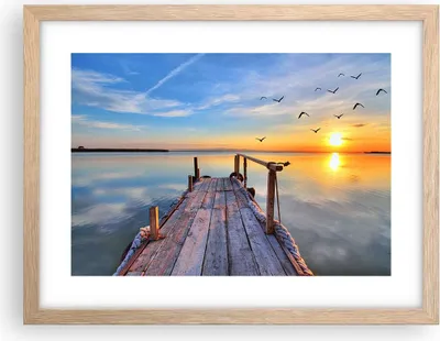 Produktbild von Gerahmtes Poster - Rahmen in heller Eiche - See Natur Brücke Vögel - 40x30 cm - Wand Bild - Wanddeko - Wandbilder - Wandposter - Bilderrahmen - Bilder - Kunstdruck - Wandbild - P2NAA40x30-2402