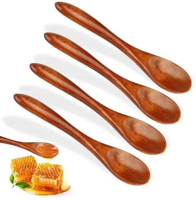 Produktbild von Vier handgefertigte Holz-Honig-Löffel, kleine Holz-Löffel, natürliche Nanmu-Schöpf-Löffel, Holz-Löffel zum Mischen, Rühren und Kochen, Holzkochgeschirr für Honig, warmen Kakao, Tee, Kaffee