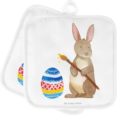 Produktbild von Mr. & Mrs. Panda Topflappen Hase Eier Malen - Weiß - Geschenk, Frohe Ostern, Kaninchen, Ofenlappen, Osterhase, Ostergrüße, im Doppelpack, Kochlappen, Topfuntersetzer