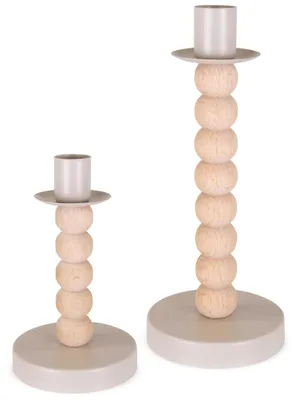 Produktbild von Stabkerzenhalter 2er Set Holz-Metall Natur-Beige Ø 14 & 20 cm