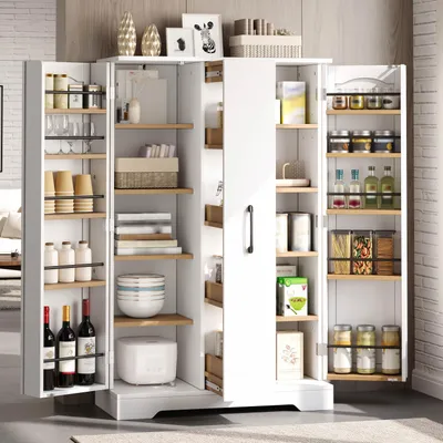 Produktbild von Merax Hochschrank Küchenschrank mit Gewürzregal, Vitrine mit verstellbare Regalböden, Vorratsschrank mit Doppeltür, 4-stufiger Vertikalauszug, Weiß