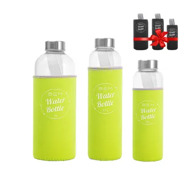 Produktbild von Water Bottle-SET: Trinkflaschen in 3 Größen mit Hüllen-Sets (schwarz+grün)