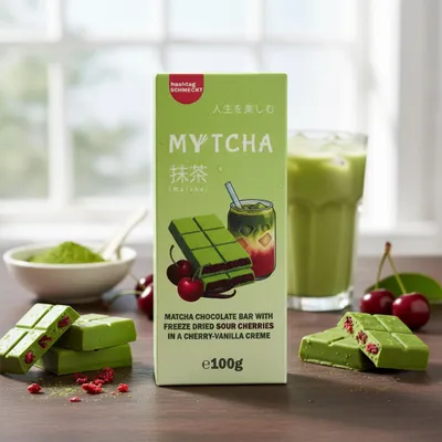 Produktbild von hashtag schmeckt Mytcha Matcha Chocolate Bar Freeze Dried Sour Cherries 100g