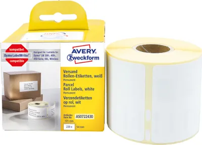 Produktbild von Avery Zweckform AS0722430, Rollen-Etiketten, 54 x 101  mm, 220 Etiketten / 1 Rolle, weiß