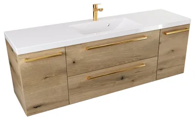 Produktbild von ATHD Wandhängender Waschtischunterschrank 140 cm D - Evoke Matt Eiche - Griffe aus poliertem Gold