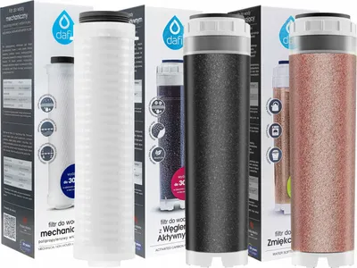 Zdjęcie produktu dla Filtr / wkład węglowy przepływu wody Dafi + filtr / wkład polipropylenowy przepływu wody 25um (mikron) + filtr / wkład żywiczny przepływu wody