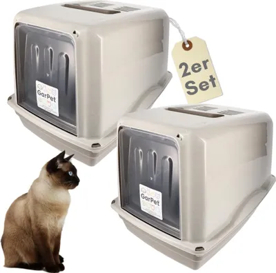 Produktbild von 2er Set Katzenklo mit Deckel XXL Katzentoilette große Katzen Klo WC Haubentoilette grau inkl. Aktivkohlefilter Doppelpack Sparpaket Katzentoiletten
