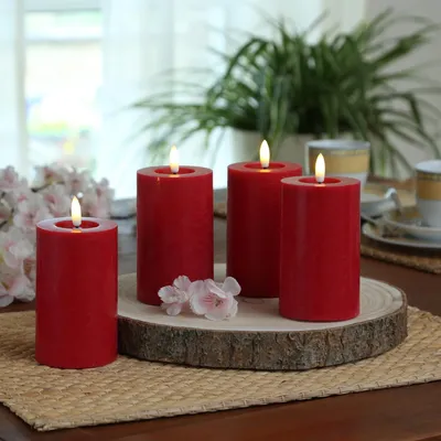 Produktbild von LED Kerzenset LINA - Rustik-Optik - Echtwachs - H: 11cm - D: 7cm - Timer - rot - 4er Set