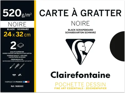 Produktbild von Clairefontaine 10x Schwarzer Schabekarton 24x32cm Pack. 2 Bogen Schwarz 96800C