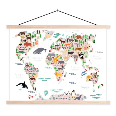 Obrázek produktu pro MuchoWow® Textilní plakát - Mapa světa - Děti - Zvířata - 40x30cm - S hnědými lamelami