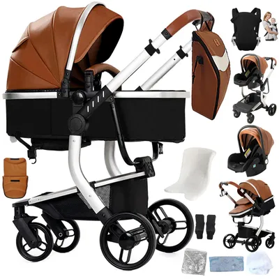 Zdjęcie produktu dla Wózek wielofunkcyjny 3 w 1 - model X518, wózek głęboko-spacerowy z nosidłem dla niemowląt - obrotna gondola - składany - koła z amortyzacją - maksymalne obciążenie 10 kg - kolor khaki
