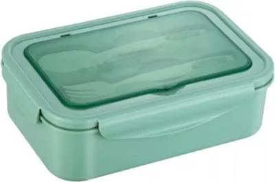 Zdjęcie produktu dla Zielone pudełko na lunch do mikrofalówki z 3 przegrodami i sztućcami