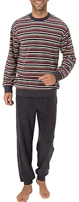 Produktbild von Eleganter Herren Frottee Pyjama langarm mit Bündchen in Streifenoptik - 291 101 13 576 ; grau/rot , 48