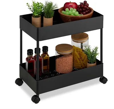 Obrázek produktu pro Servírovací vozík - 2 patra - Kuchyňský vozík - Plastový - Vhodný do koupelny, kanceláře - Rozměry: 38 x 39,5 x 21,5 cm - Černý