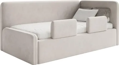 Produktbild von Selsey Fanko – Kinderbett 90x200 cm mit Rausfallschutz, Matratze, Kopfteil rechts, Samt,Hellbeige
