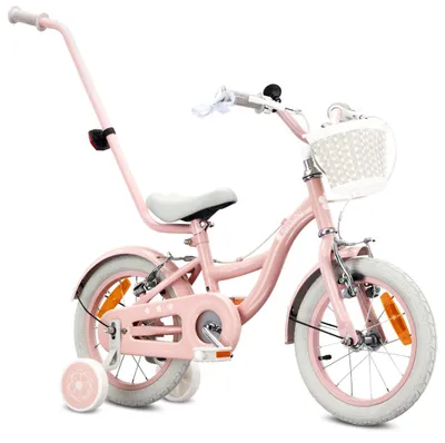 Produktbild von Mädchenfahrrad 14 Zoll mit Glocke Zusatzrädern und Schubstange Kinderfahrrad für Mädchen 3 4 5 Jahre Lernfahrrad Laufrad Retro Design Flower Bike Stüt