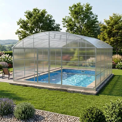 Produktbild von Poolabdeckung von Garten Dream. 5,5x4M mit 4mm polycarbonate Ganzjährige Nutzung. Schnee- und winddicht. Doppeltüren auf jeder Seite. Rostschutz.