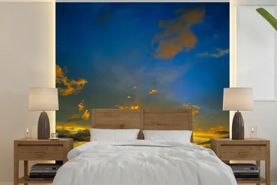 Produktbild von MuchoWow® Fototapete für Wohnzimmer oder Schlafzimmer Wandtapete Vinyl Motivtapete Oranger Sonnenuntergang mit blauem Himmel - 260x260 cm - Papiertapeten