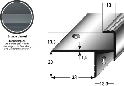Produktbild von Laminat-Parkett-Treppenkante / Winkelprofil "Cardale", Einfasshöhe 13,3 mm, 33 mm breit, Aluminium eloxiert, gebohrt-bronze dunkel-1000