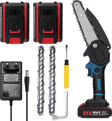 Produktbild von Kettensäge, 6 Zoll 21V Elektro-Kettensäge, Tragbare Handgeführte Akku Kettensäge, 2x Batterie 2x Kette 1x Führungsplatte und 1x Ladegerät enthalten