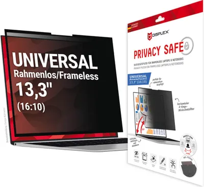 Produktbild von Displex PRIVACY SAFE Wiederablösbarer 2-Wege Blickschutzfilter für Laptop/ Notebook (randlos/frameless) 13,3'' (16:10), 33,8 cm (13.3"), 16:10, Laptop, Rahmenloser Blickschutzfilter, 3H, Glänzend