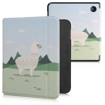 Produktbild von kwmobile Schutzhülle für Tolino Vision 6 Hülle - eReader Flip Case mit Auto Sleep Funktion - Alpaca Muster mit Champagner Grün Hellblau