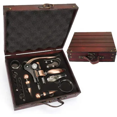 Immagine prodotto di Set di cavatappi con scatola in legno, set regalo per sommelier, cavatappi a forma di testa di coniglio, versatore per vino, anello antigoccia, tappo per vino
