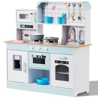 Productafbeelding van Houten Kinderkeuken Speelkeuken - Speelgoedkeuken - Licht & Geluid - IJsmachine - Oven, Magnetron & Koelkast - Gootsteen - Incl. Keukengerei & Fruit - Wit